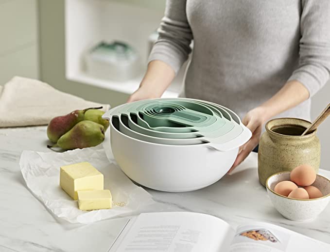 JOSEPH JOSEPH NEST 9-in-1 Kitchenware Set - Sage Green | 9 Nesting Set with Mixing Bowls Measuring Cups Sieve Colander - Sage 